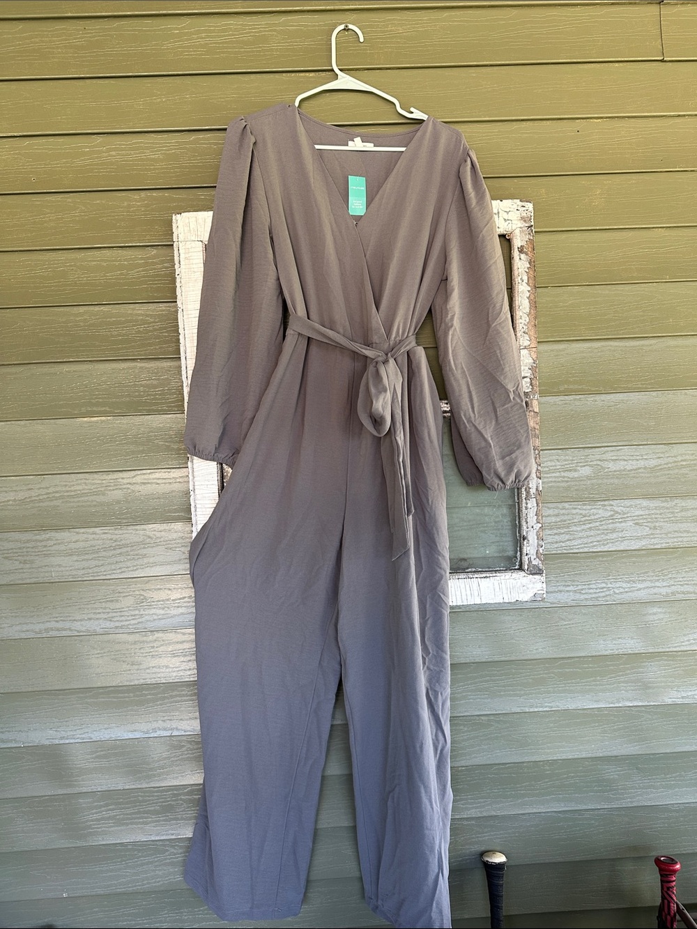 Maurices Womens Gray Wrap Front Long Sleeve‎ Tie Waist Wide Leg Jumpsuit L NWT